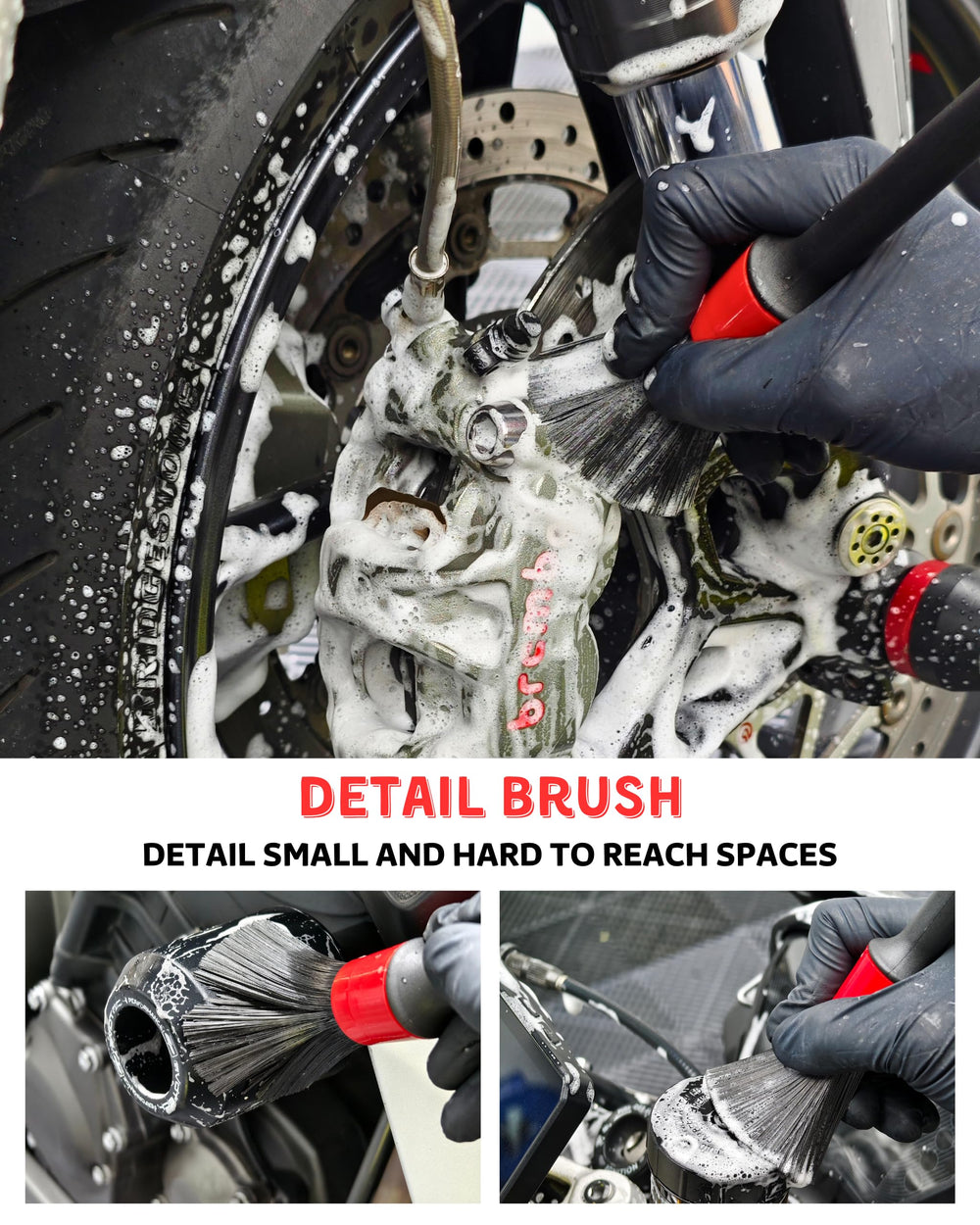 Oesee Detailing Brush reaches crevices for precise cleaning on engine and frame.