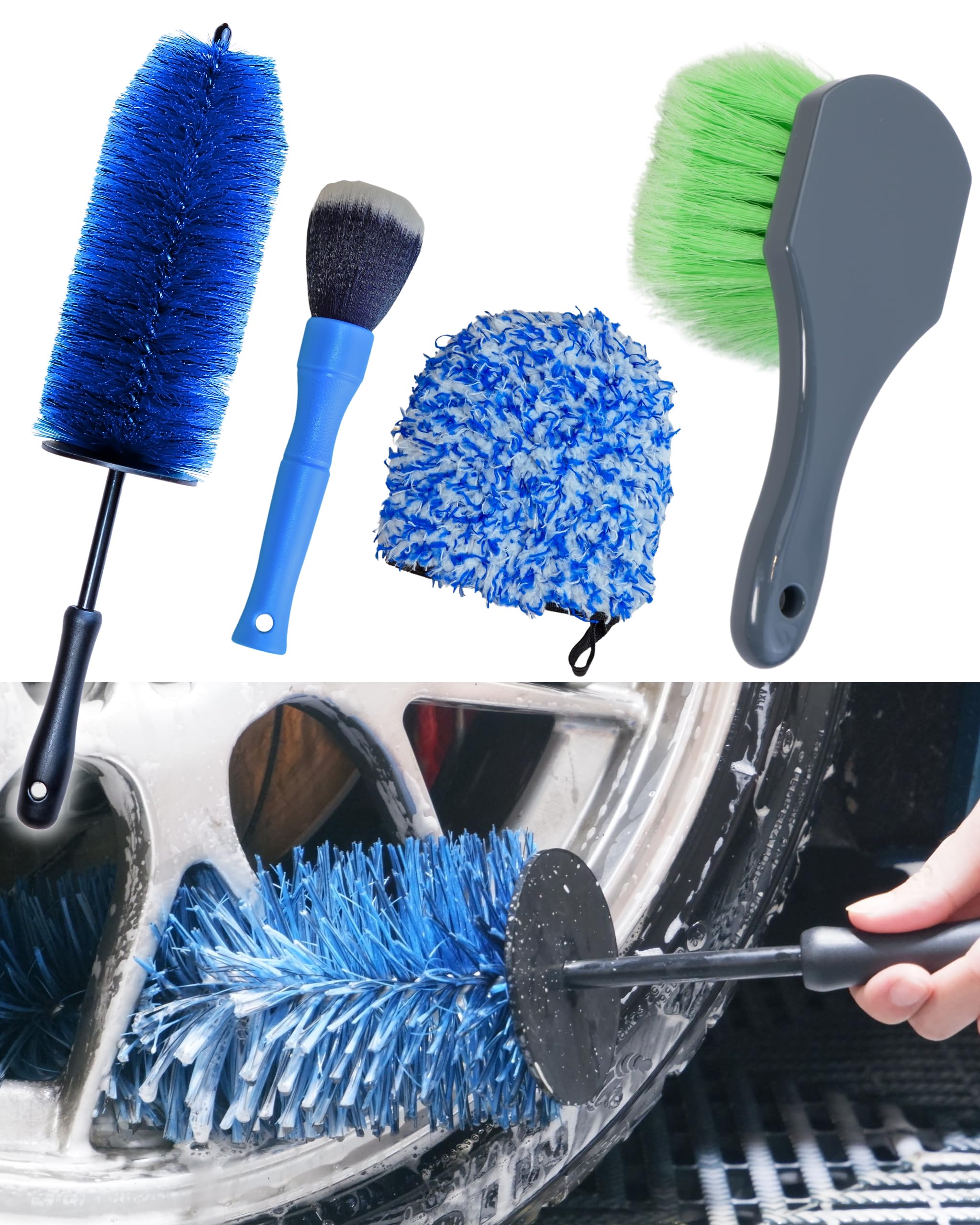 oesee flagged-tip brush for wheel cleaning, gentle around calipers.