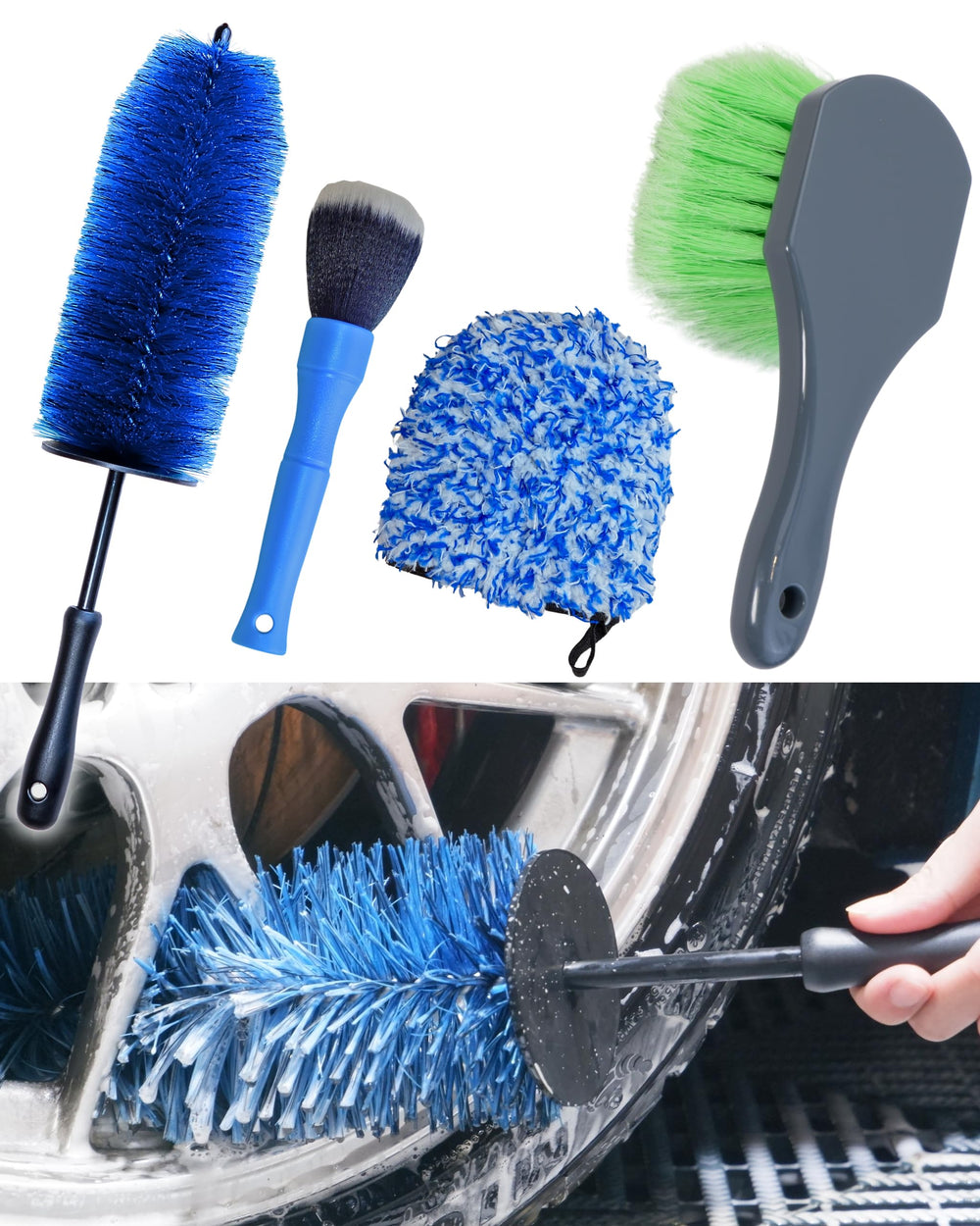 oesee flagged-tip brush for wheel cleaning, gentle around calipers.