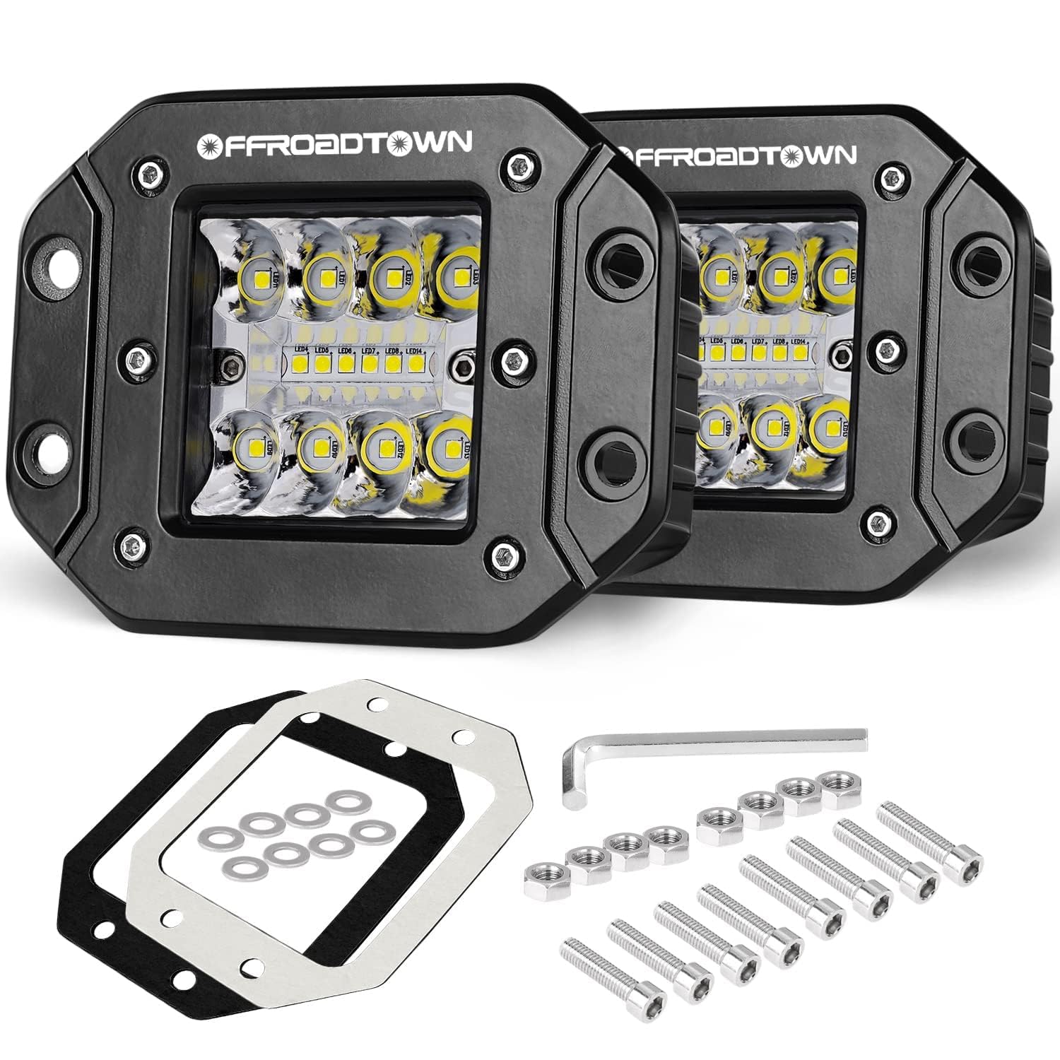 OFFROADTOWN flush mount LED Pod front view showing compact, rugged design for night driving