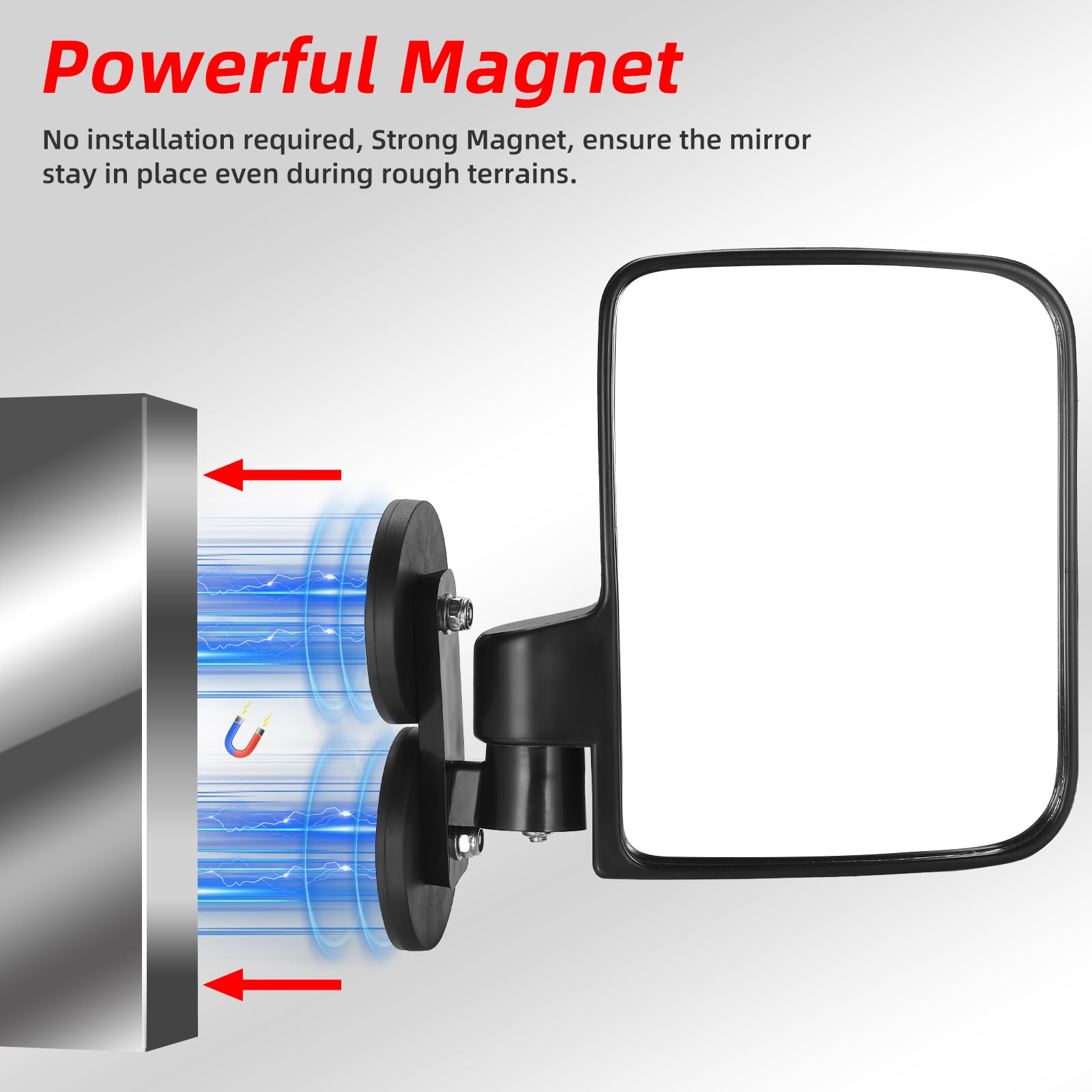 OFIG mirror with strong magnet keeps in place on rugged terrain.