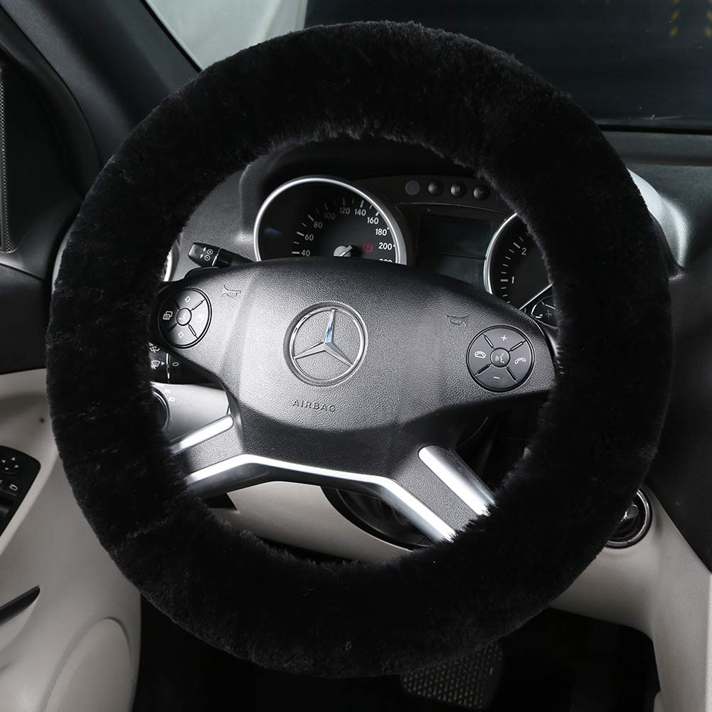 OGLAND fluffy wool sheepskin steering wheel cover in black close-up showing plush texture for comfort