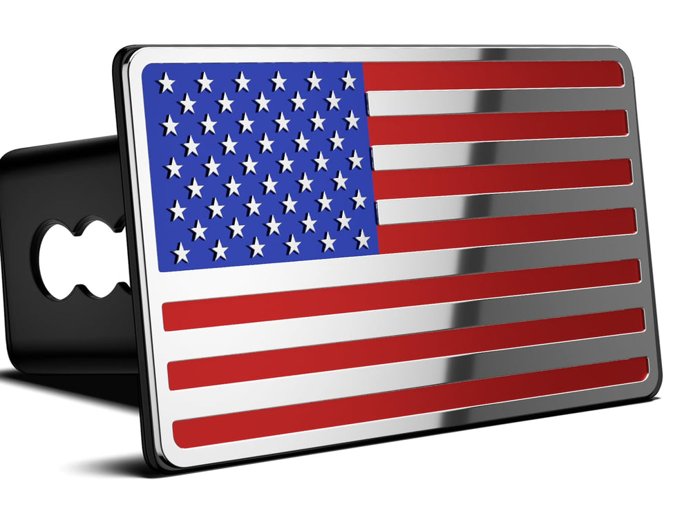 OGYE 2-inch hitch cover with American flag, front view, protects receiver and adds pride.