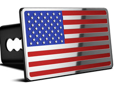 OGYE 2-inch hitch cover with American flag, front view, protects receiver and adds pride.