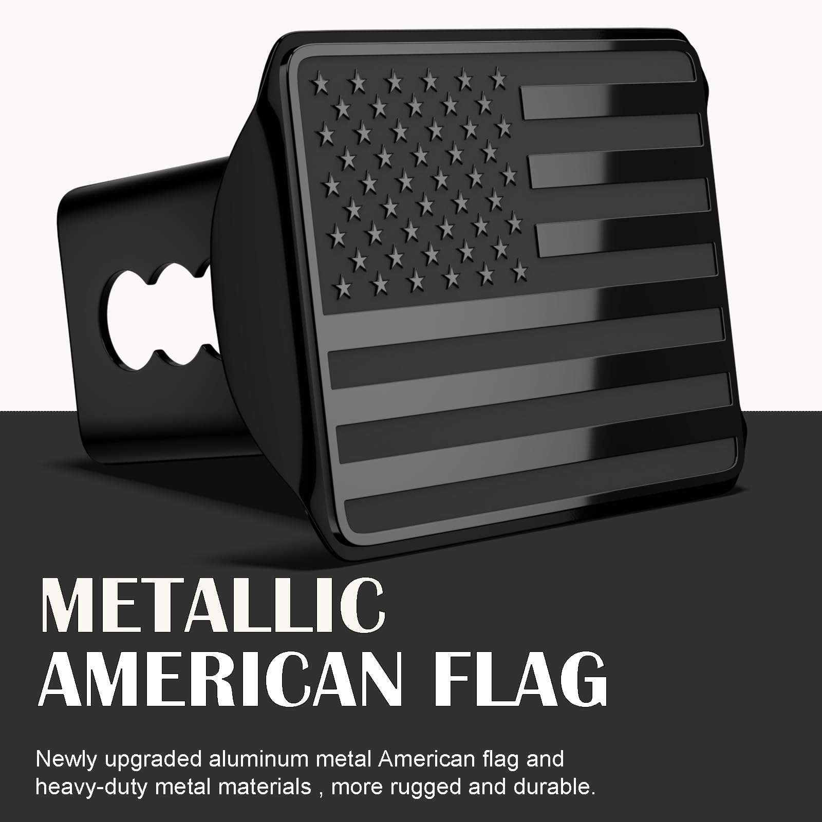 OGYE American flag hitch cover in stainless steel for 2-inch receivers, corrosion resistant.