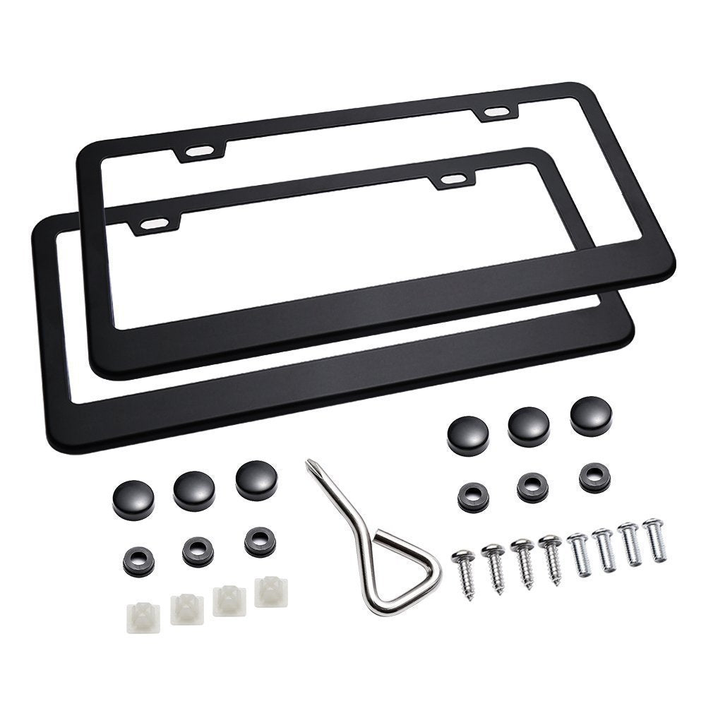 Ohuhu license frame with screw caps, black two-holes, durable aluminum for US plates.