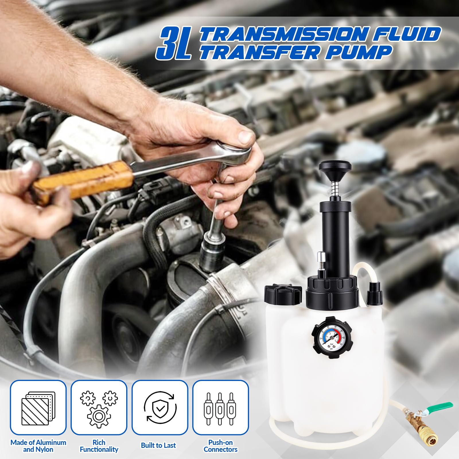 Ojtrtdr pump gauge and 90-degree valve provide precise flow control.