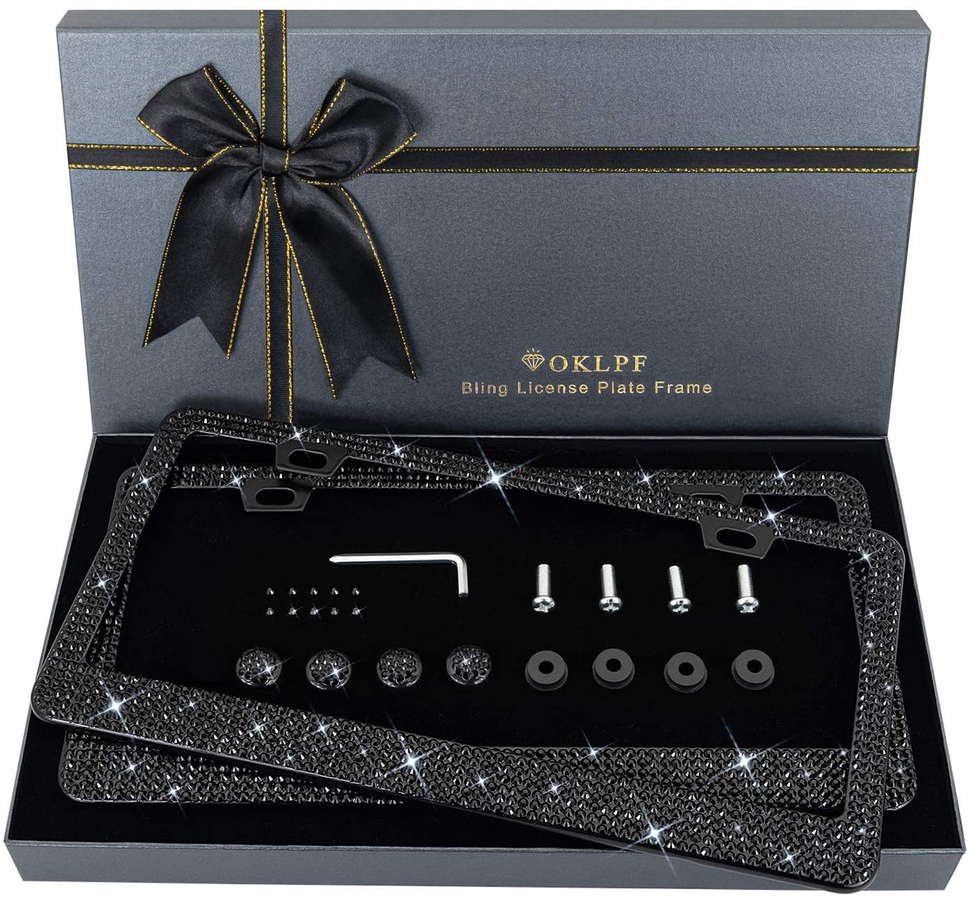 OKLPF bling license frame in black crystals adds stylish shine while protecting edges.