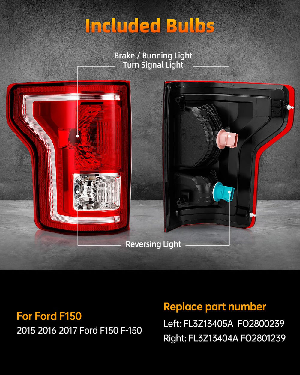 OKLPF rear brake tail light right side for Ford F-150, bulbs included.