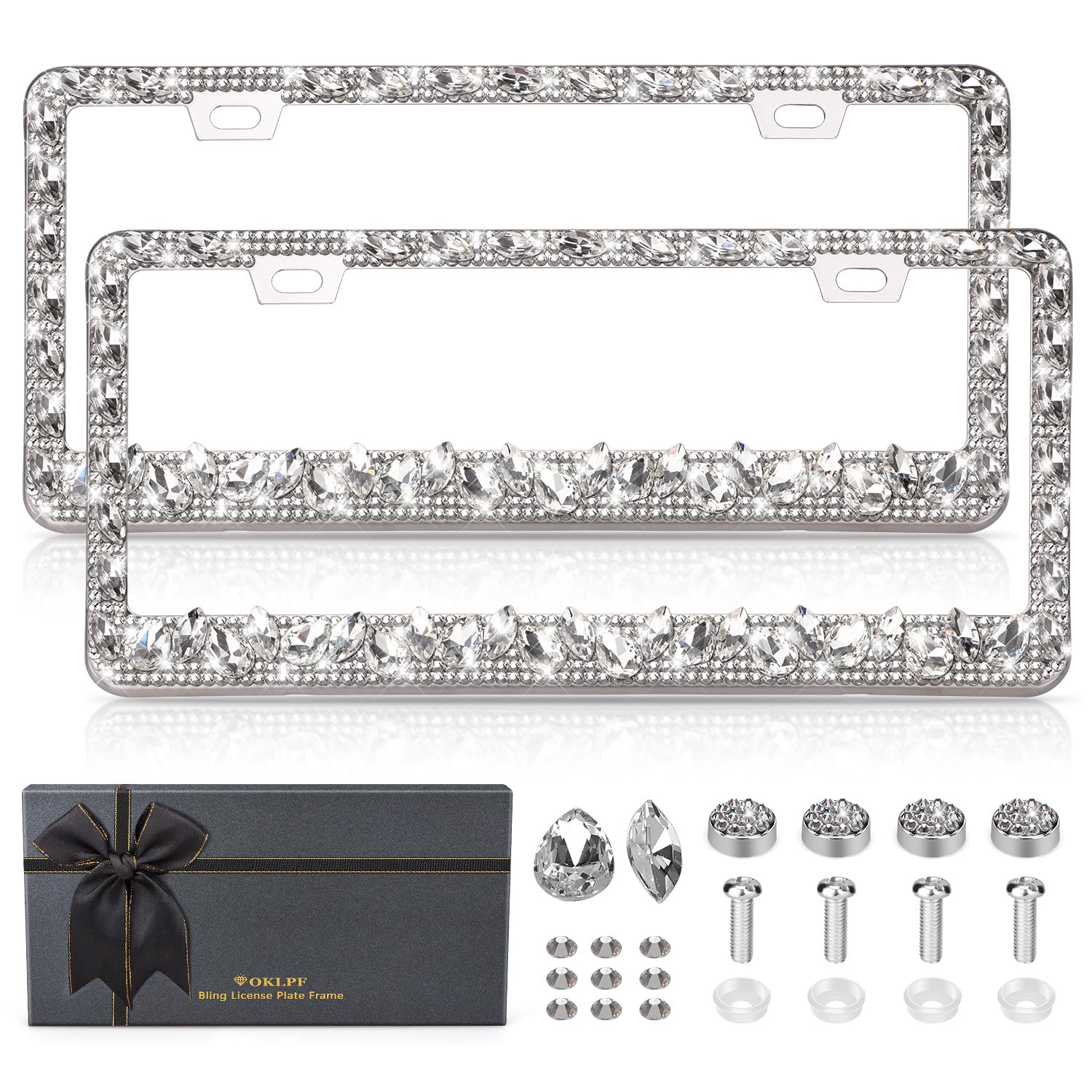OKLPF rhinestone frame with diamond detail adds luxe sparkle to your ride