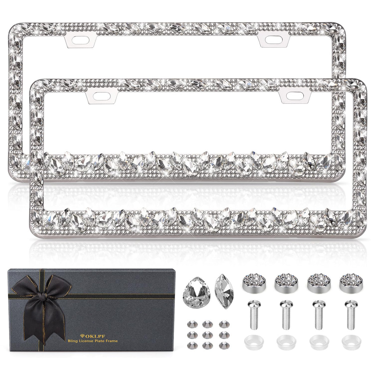 OKLPF rhinestone frame with diamond detail adds luxe sparkle to your ride