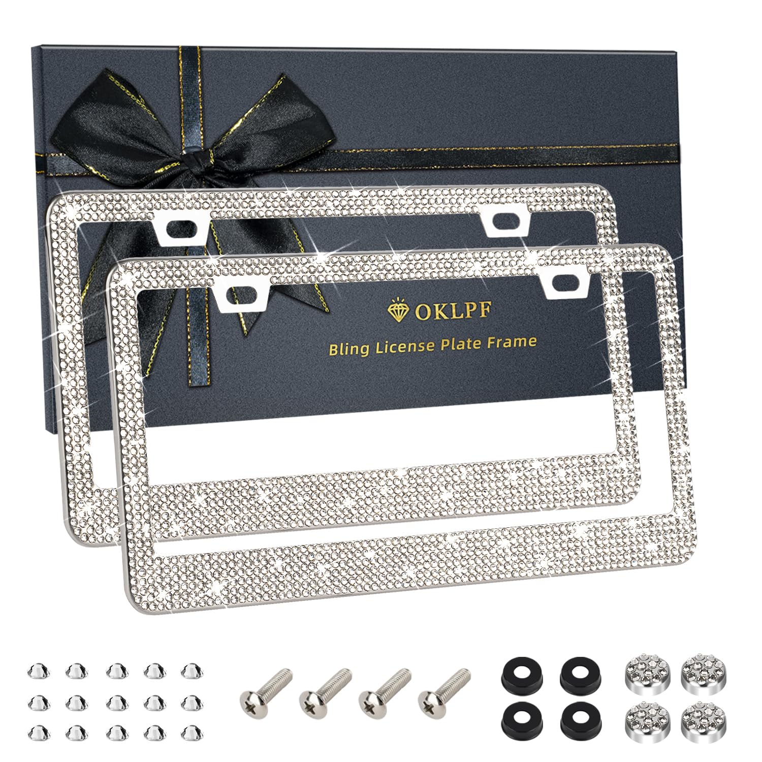OKLPF White Bling license frame shines in sunlight to boost your car’s style.