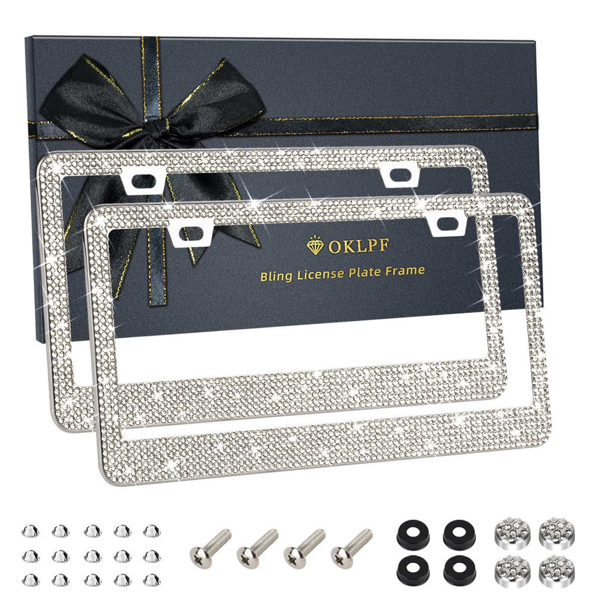 OKLPF White Bling license frame shines in sunlight to boost your car’s style.