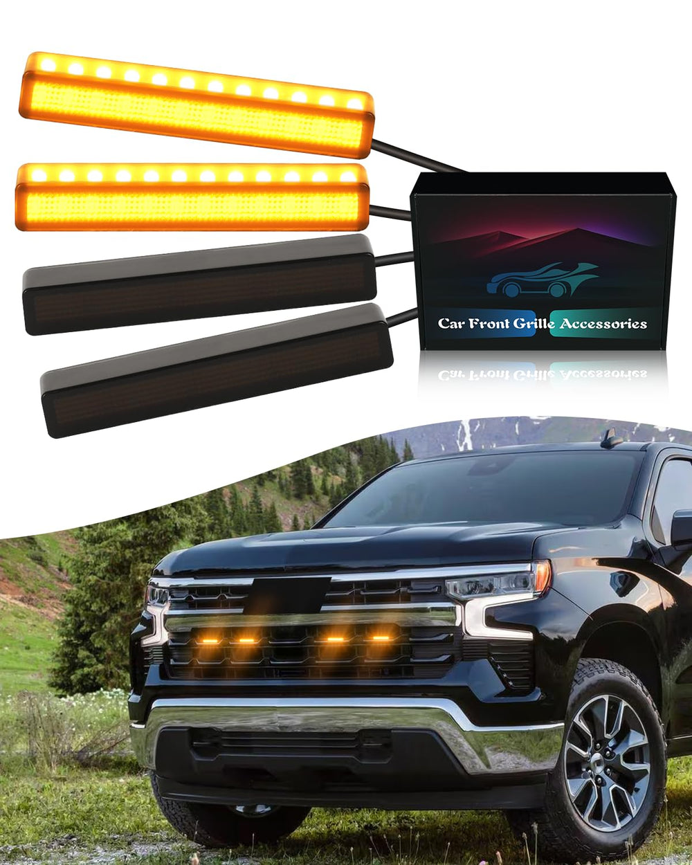 OKLSG LED Amber Grill Light on Silverado front grille adds style and daytime visibility.