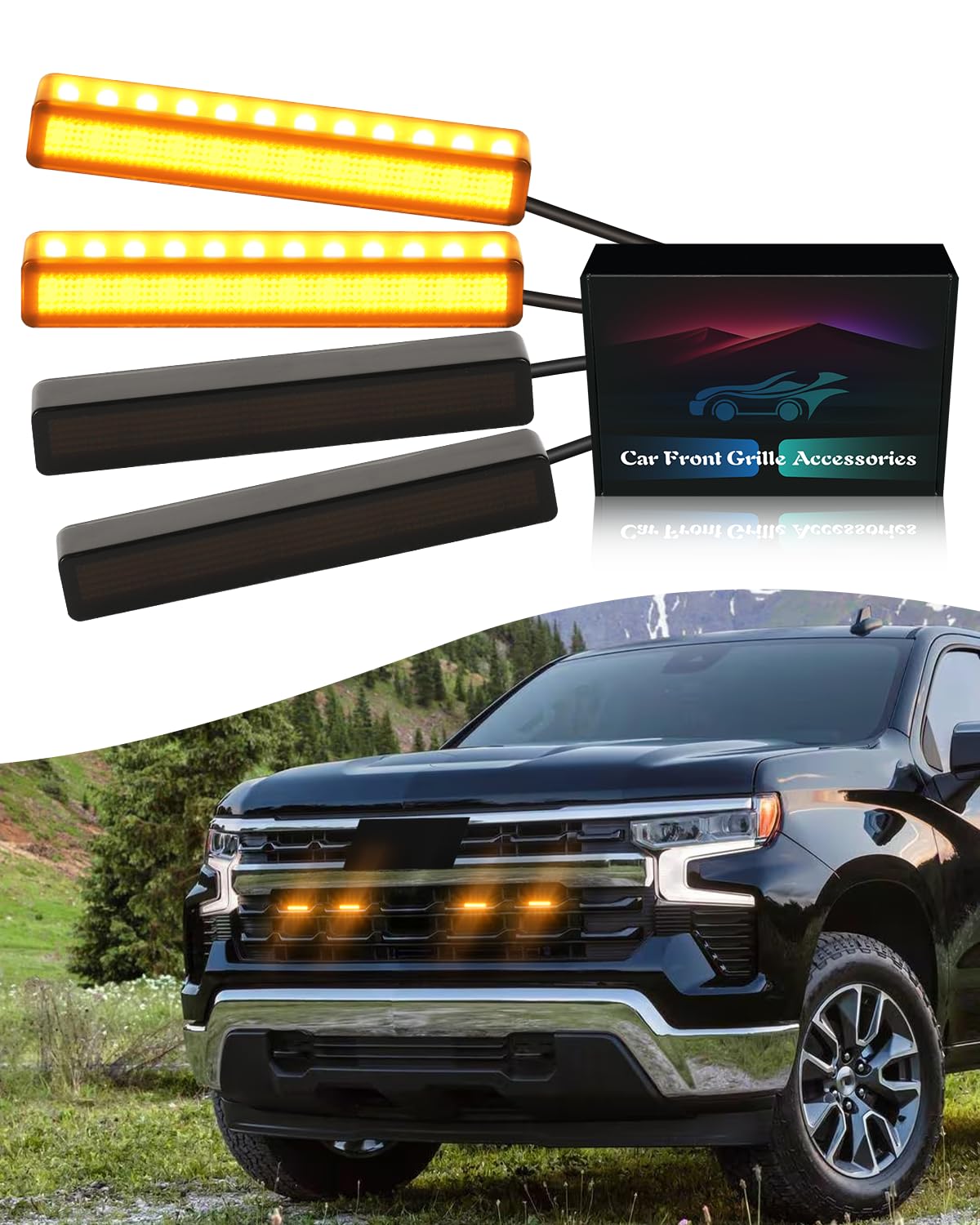 OKLSG LED Amber Grill Light on Silverado front grille adds style and daytime visibility.