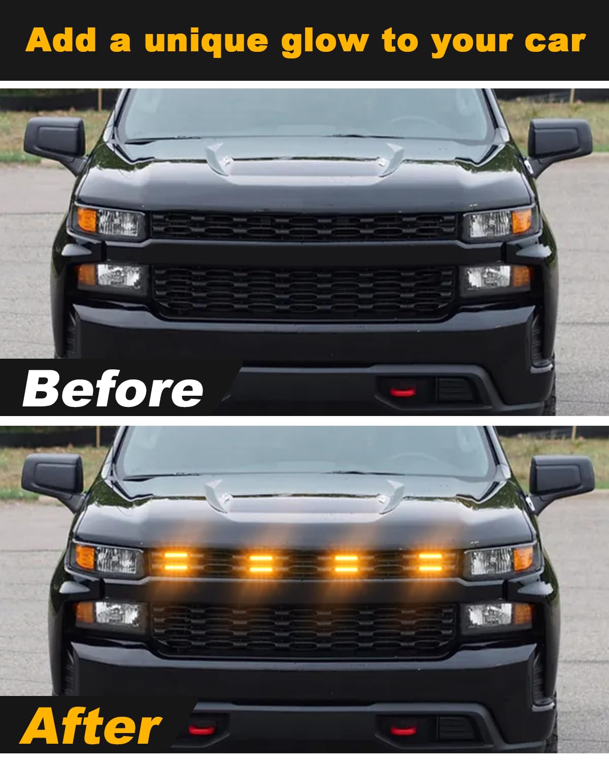 OKLSG amber grill glow enhances Silverado front view with a bold, custom look.