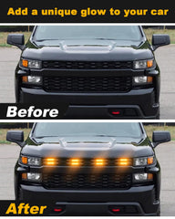 OKLSG amber grill glow enhances Silverado front view with a bold, custom look.