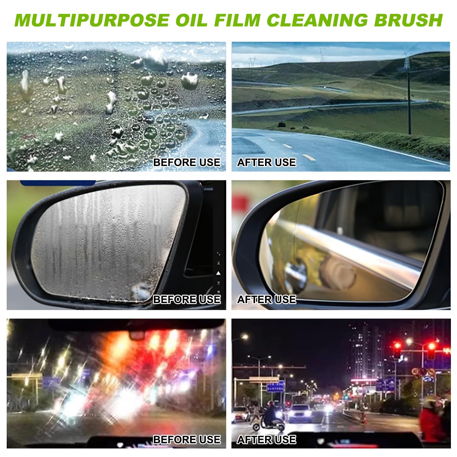 OKNIAO oil-film removal on windshield brush for improved clarity.