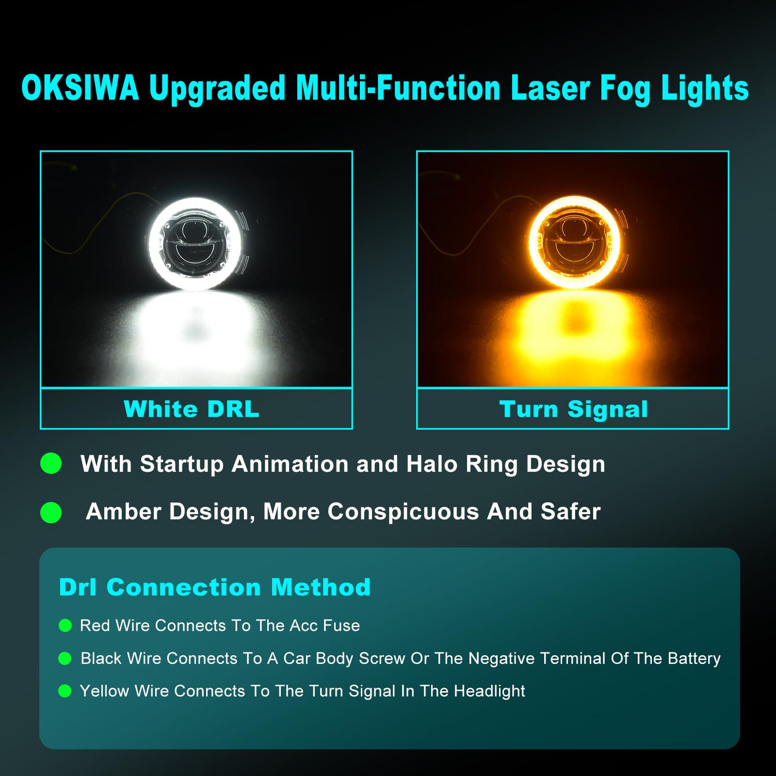 OKSIWA laser fog light color mode switch showing white and yellow DRL options