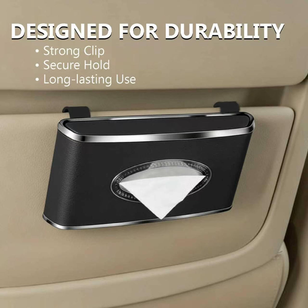 Oktree faux leather tissue box mounted on back seat for passengers' napkins.