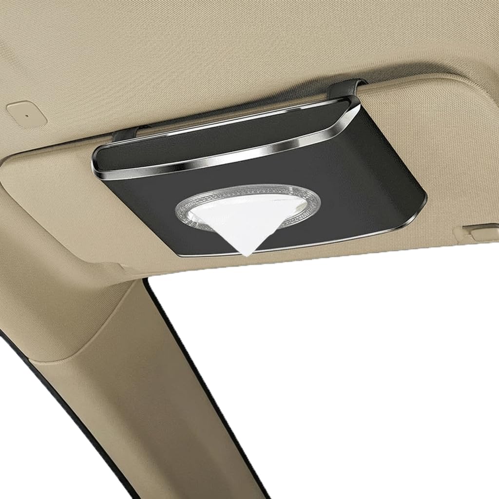 Oktree faux leather car tissue box mounted on sun visor for easy access.