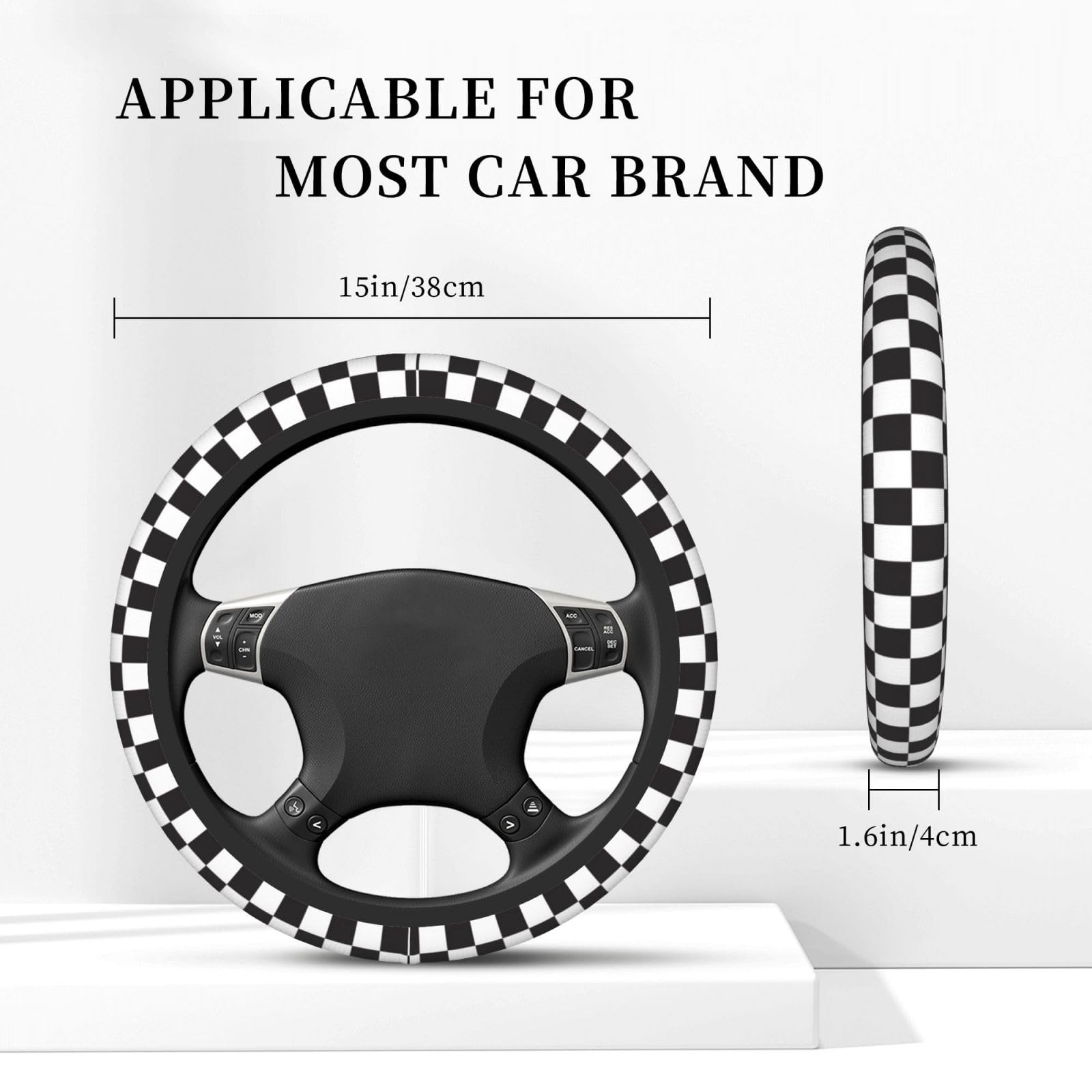 Olemier checkered steering wheel cover close-up highlighting neoprene texture and breathability.
