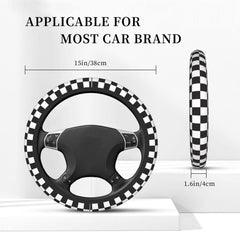 Olemier checkered steering wheel cover close-up highlighting neoprene texture and breathability.