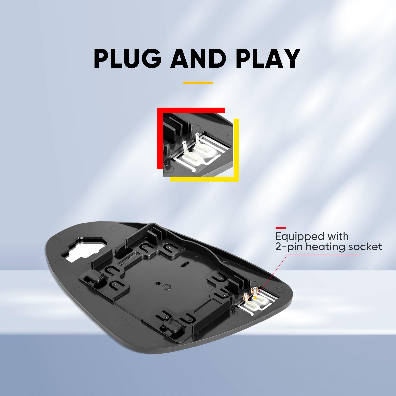 Power heated mirror with pre-installed heater socket for quick defogging