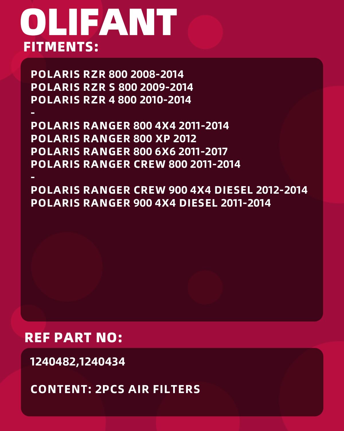 OLIFANT Polaris Ranger 800 air filter pair for reliable airflow