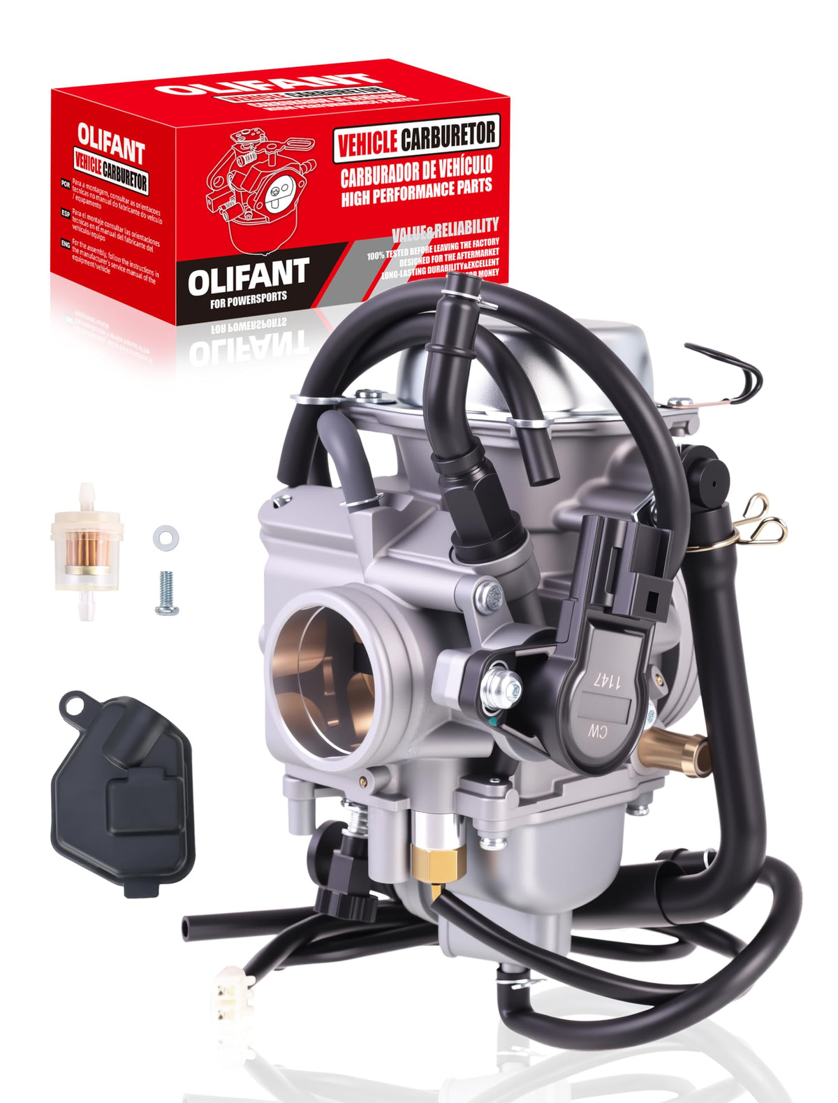OLIFANT carburetor for Honda Foreman 500; front view shows precise fit.