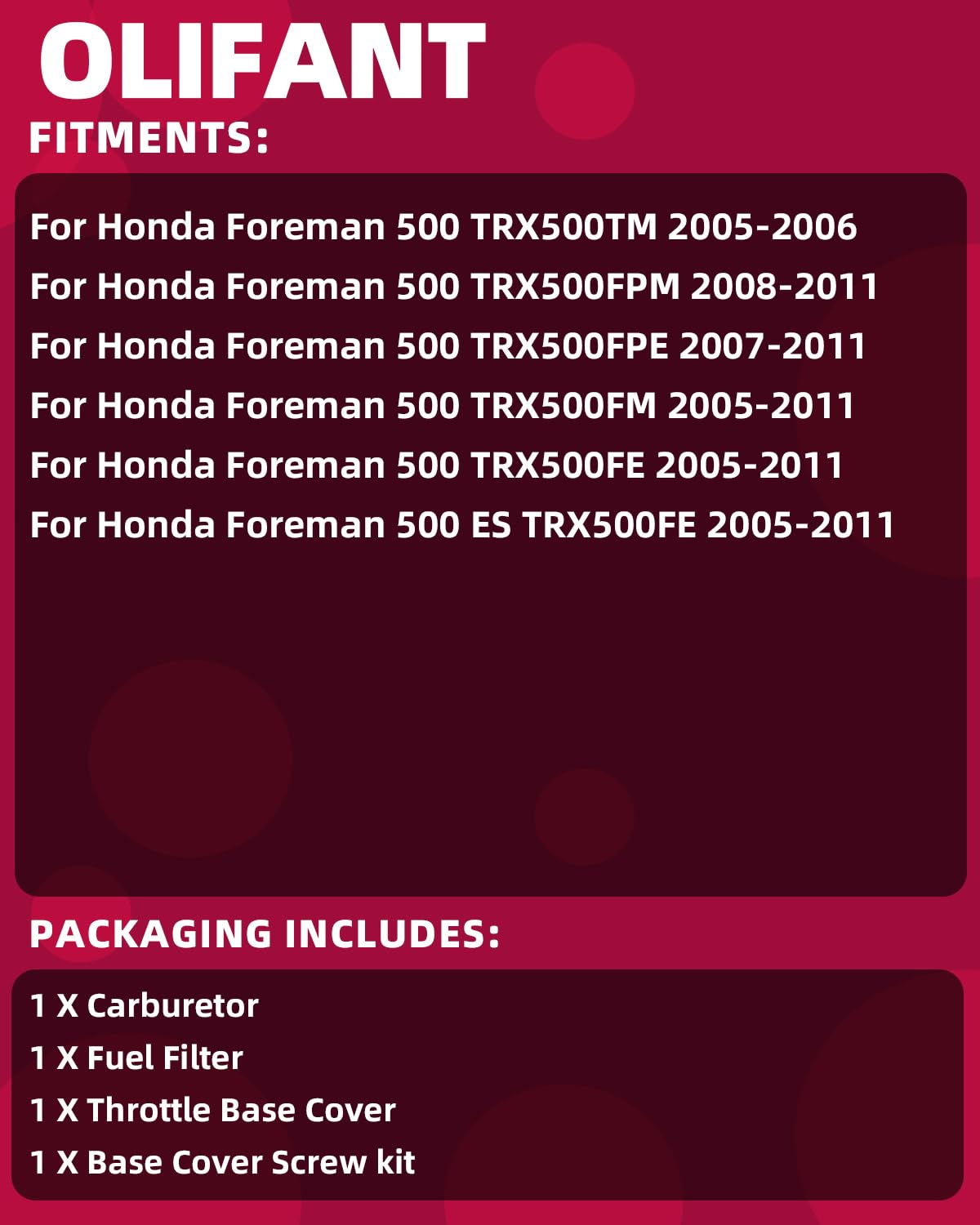 OLIFANT carburetor for Honda Foreman 500; side view highlights compact design.
