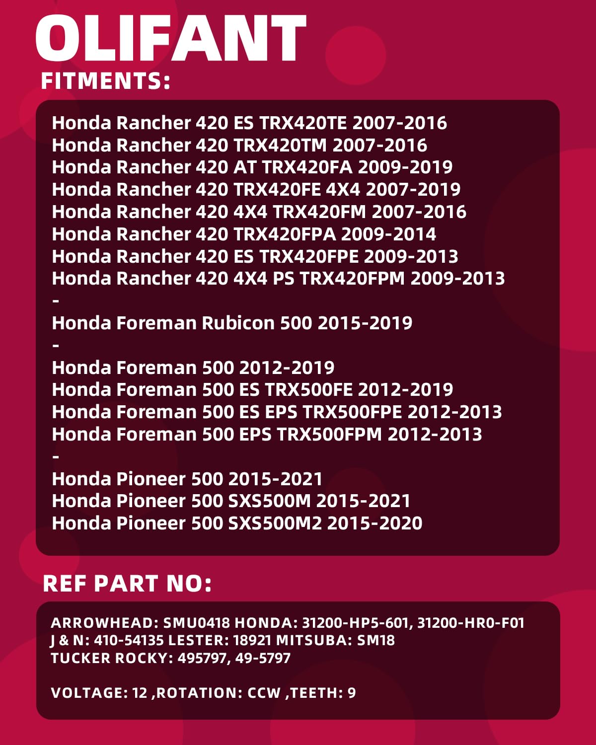 OLIFANT Honda Pioneer 500 starter close-up emphasizes high-grade magnets for strong starts