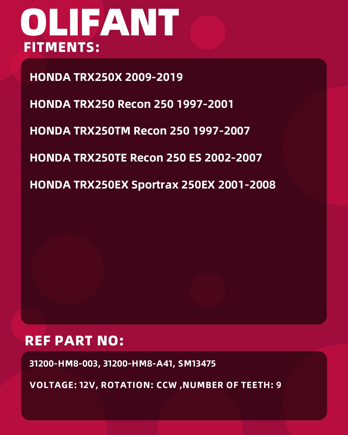 OLIFANT Honda Recon 2002-2007 assembly view demonstrates reliable cranking power.