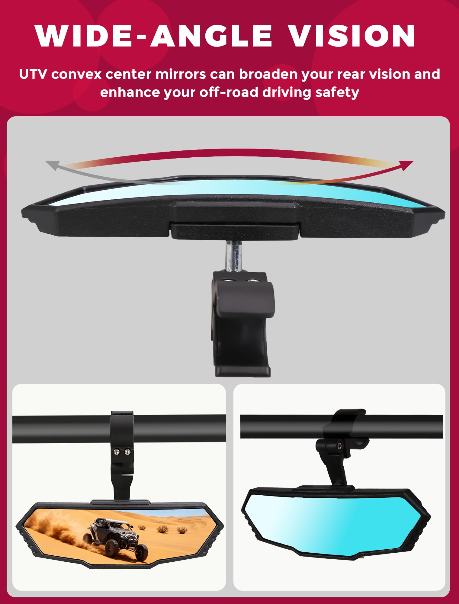 OLIFANT center mirror provides convex wide view for safer rides.