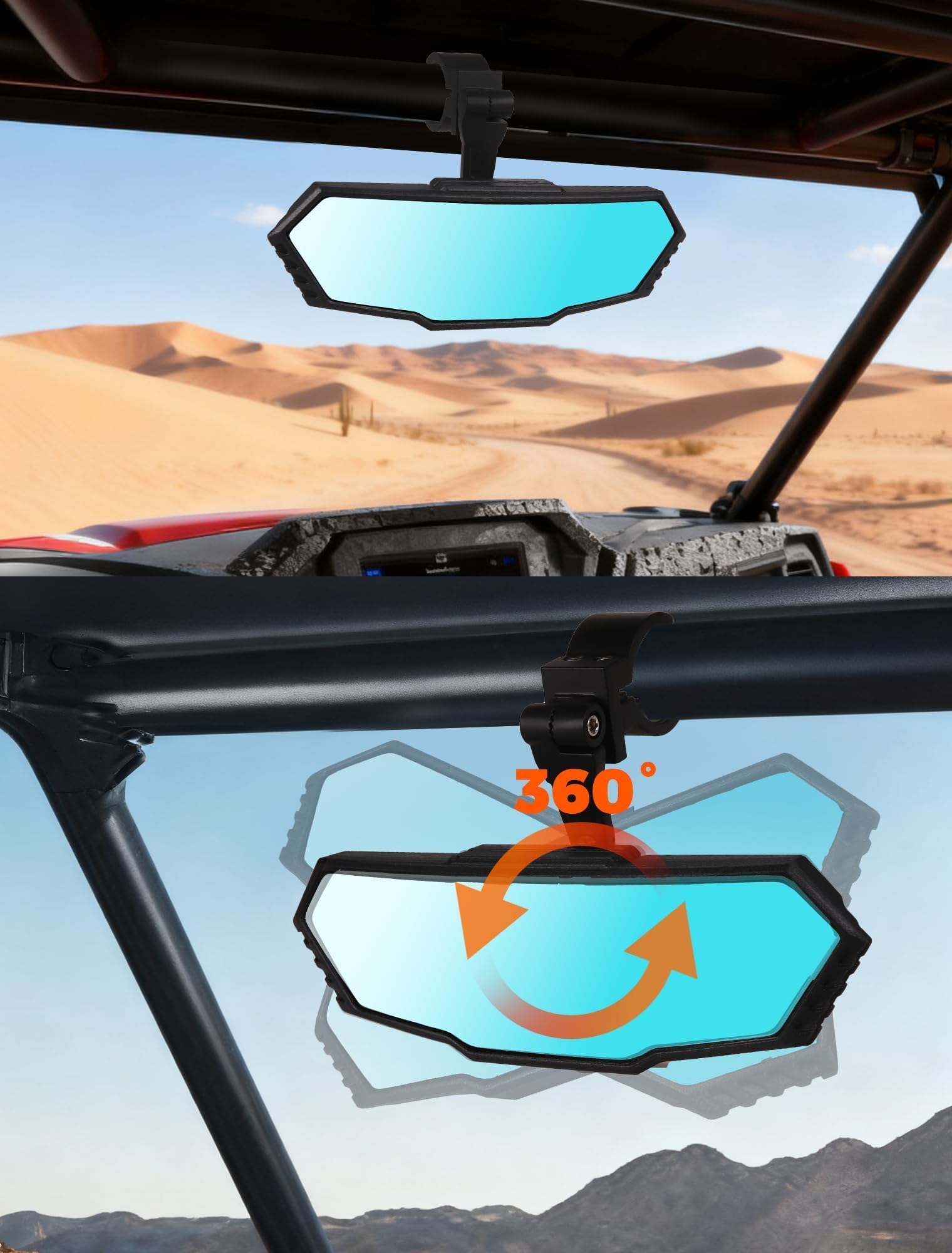 OLIFANT UTV rearview mirror offers 360-degree pivot for quick rear checks.