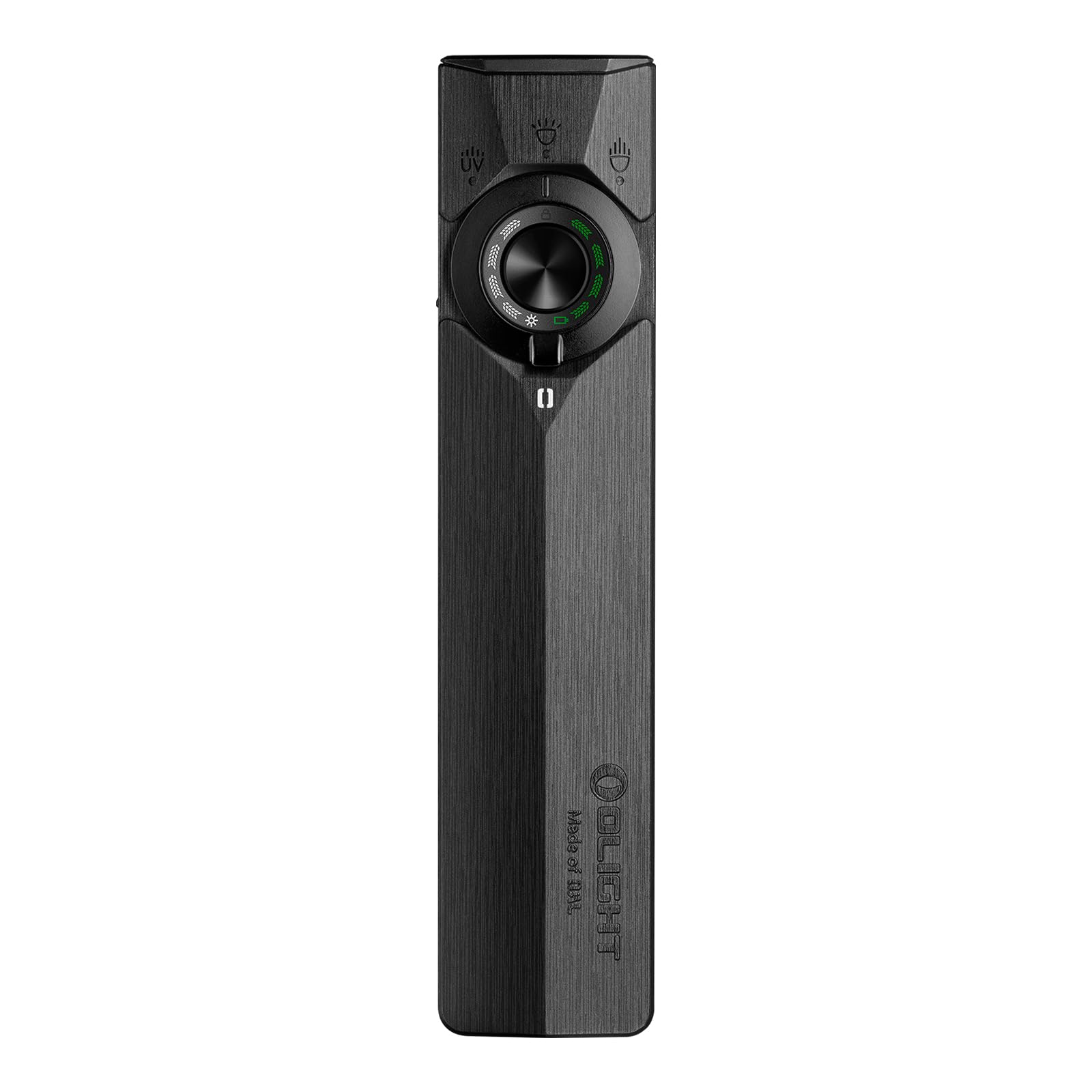 OLIGHT ArkPro Ultra front view showing compact onyx black body and bezel, highlighting portability