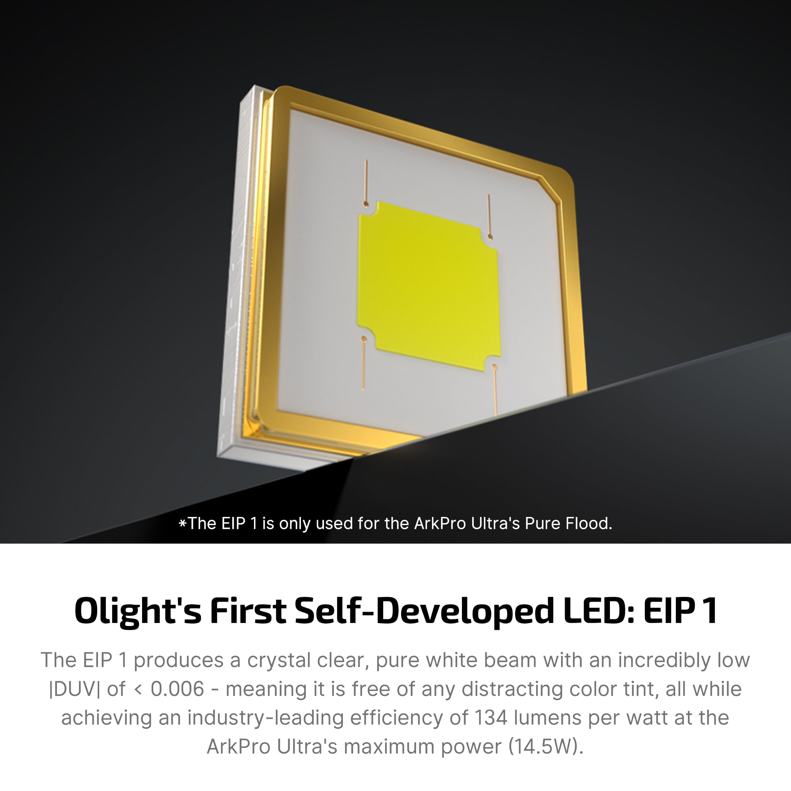 OLIGHT ArkPro Ultra head close-up displaying proprietary LED and even beam optics for uniform light