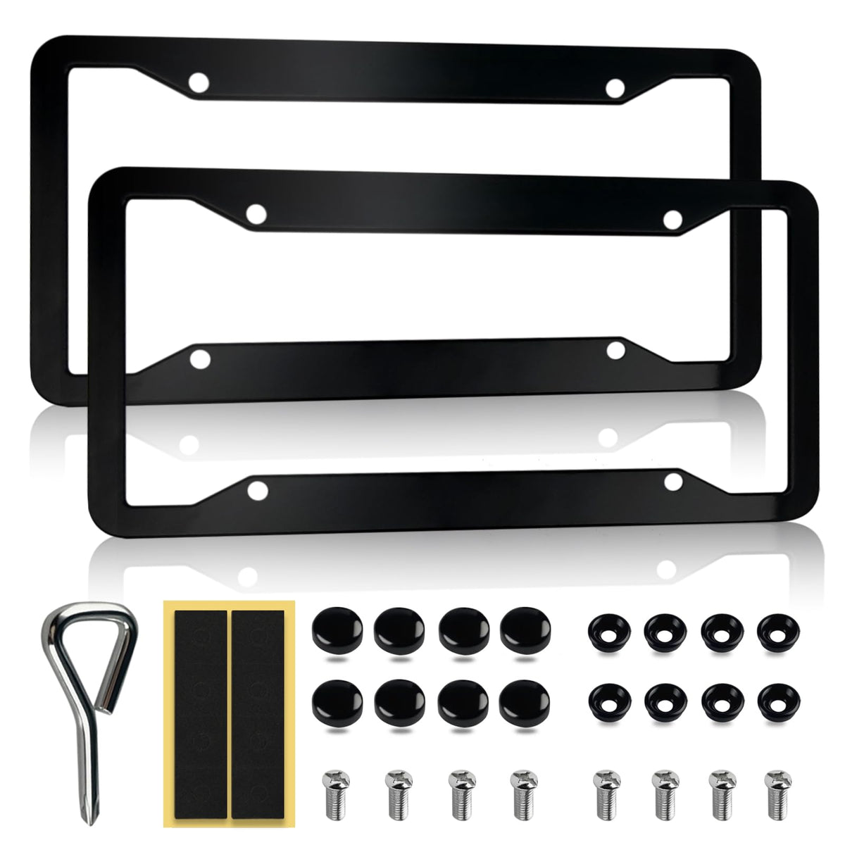 OLLEN gloss black license frame front view protects your plate with a stylish finish.