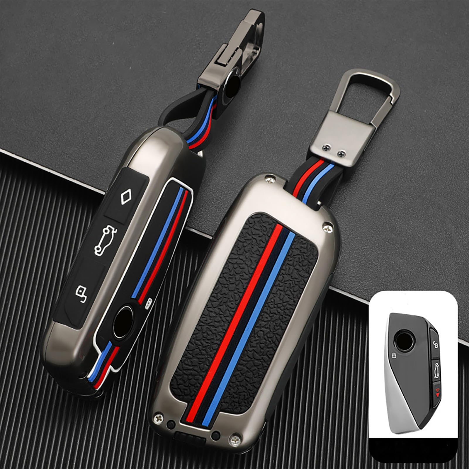 OLLEN BMW key fob cover for 5/7 Series protects the remote with a gunmetal finish.