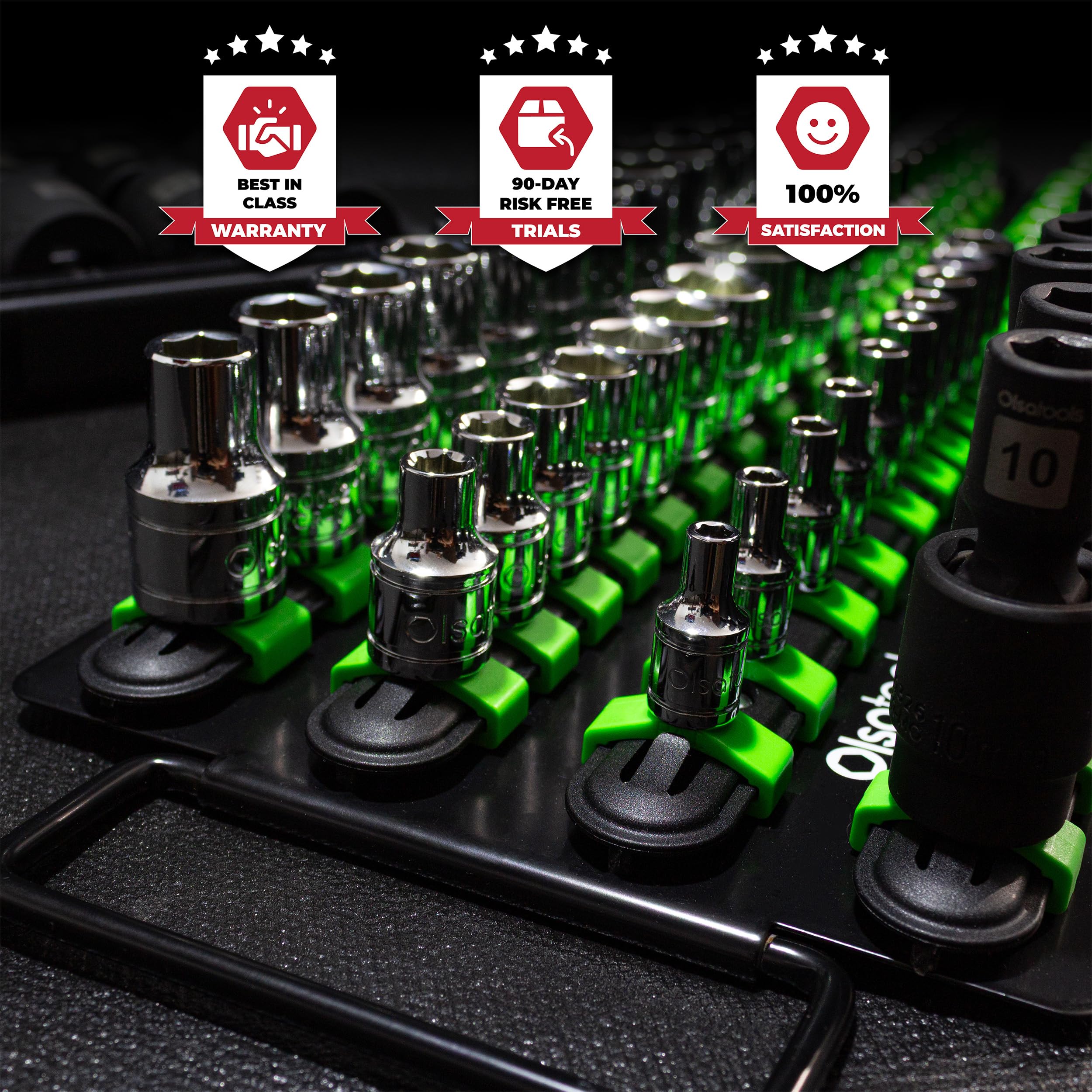 Olsa Tools 80-socket capacity keeps a full set ready at hand.