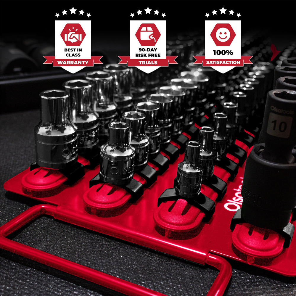 Olsa Tools ABS clip system keeps sockets secure during transport and work.