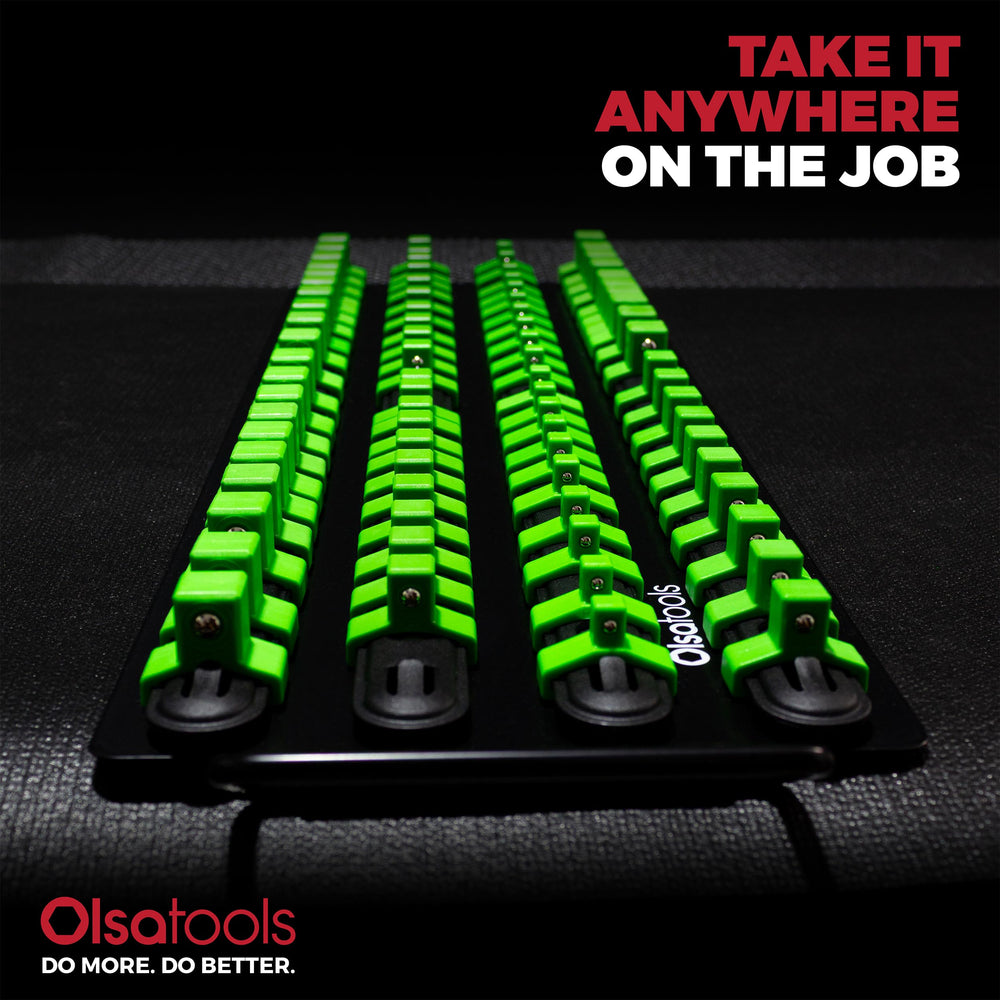 Olsa Tools clip-and-rail system securely holds 1/4, 3/8, and 1/2 inch sockets.