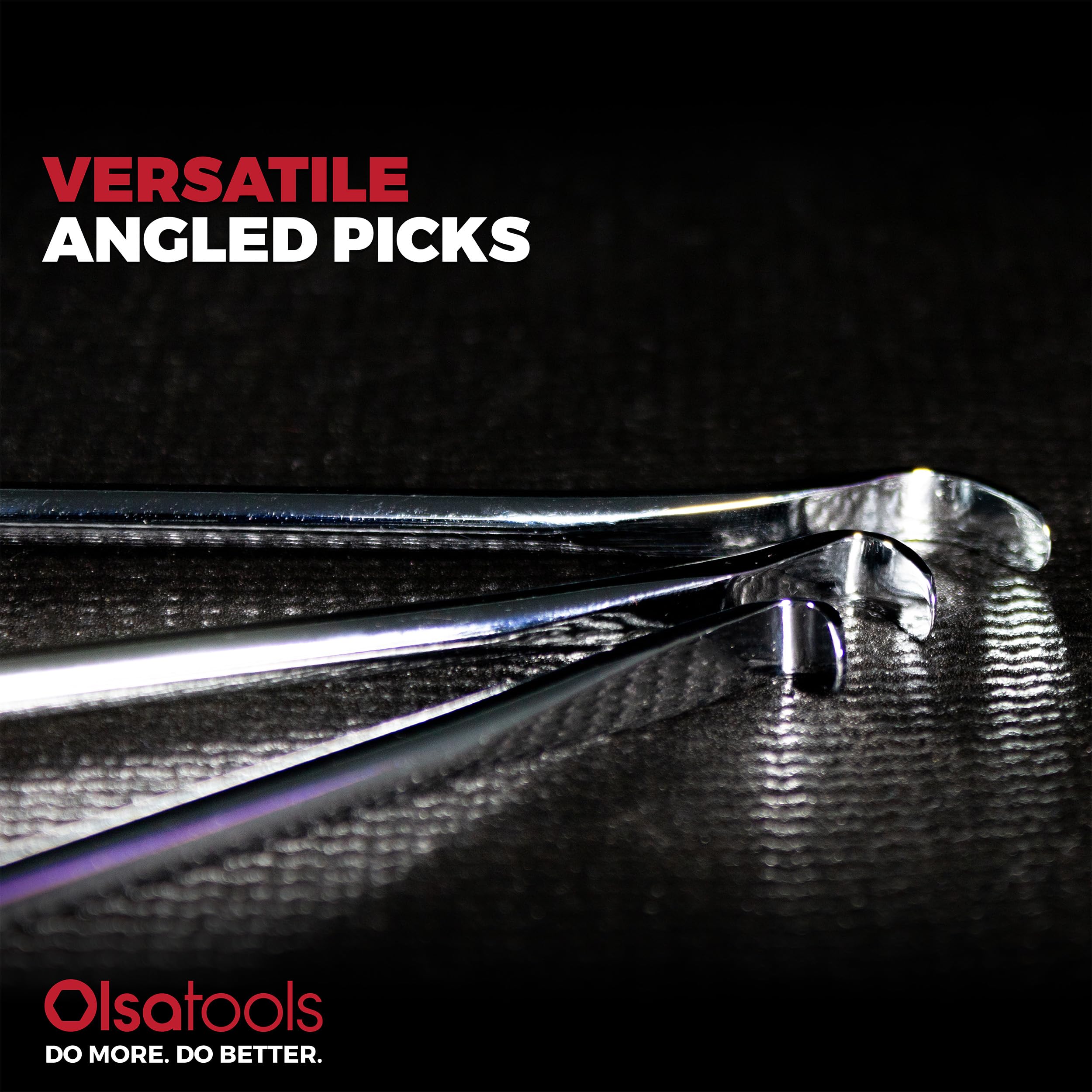 Olsa Tools flat pick and hook set at 125-degree angle for tight spaces.