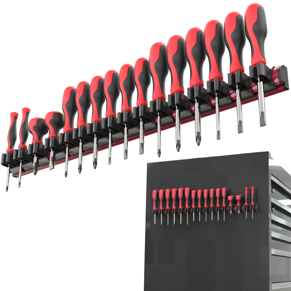 Olsa Tools magnetic screwdriver organizer with ultra-strong magnets securely holds screwdrivers.