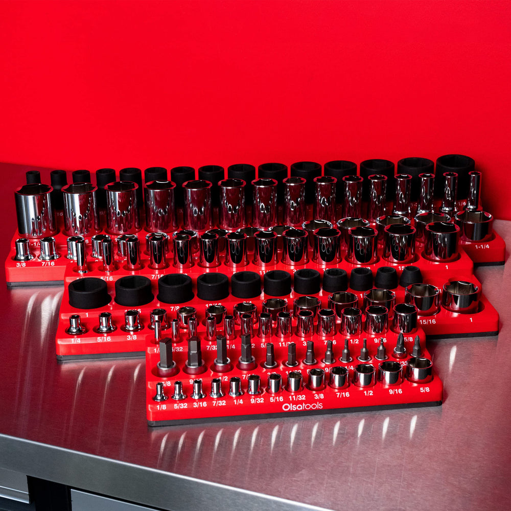 Olsa Tools six-piece set holding up to 273 sockets across drives