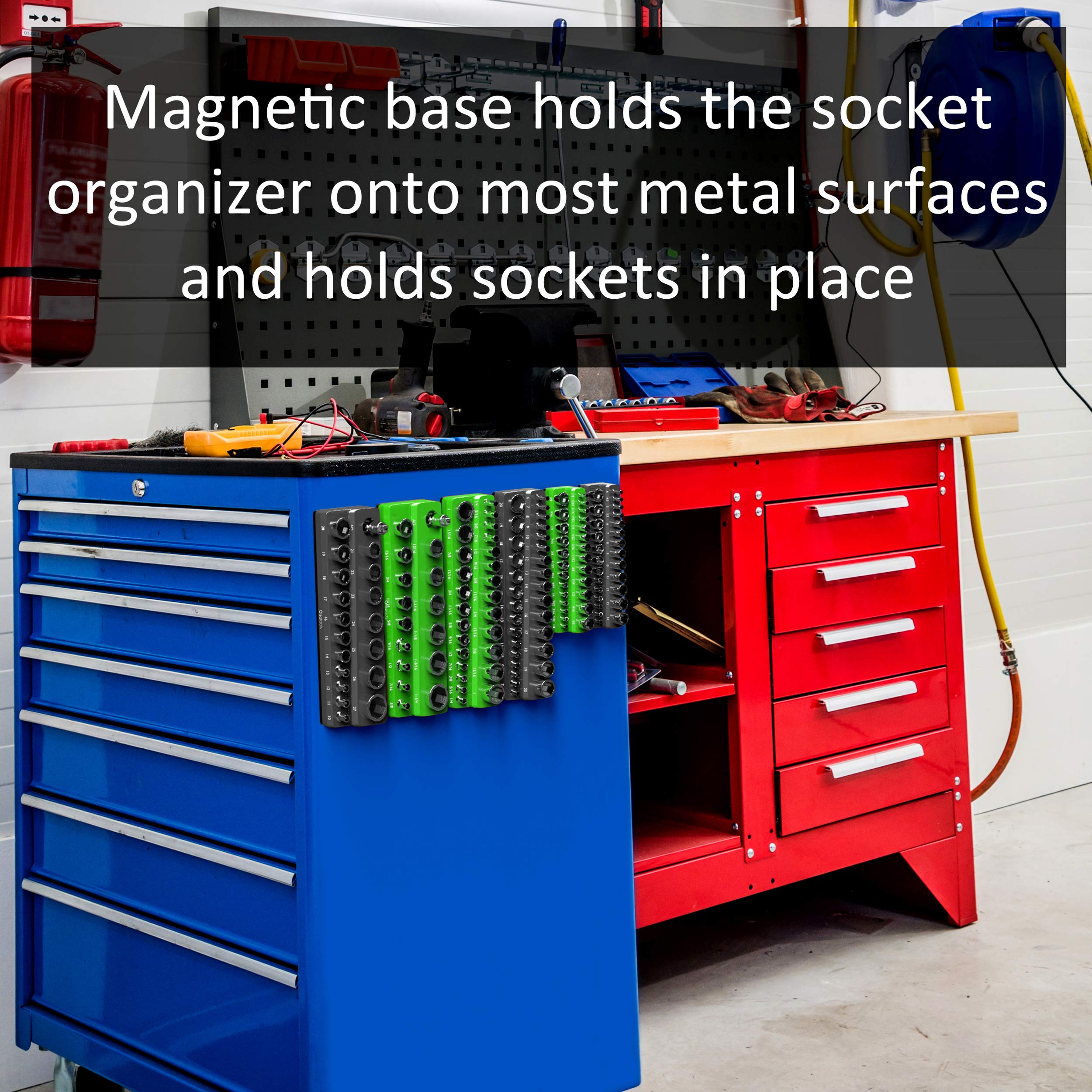 Olsa Tools in-use demonstration on a workbench with organized sockets