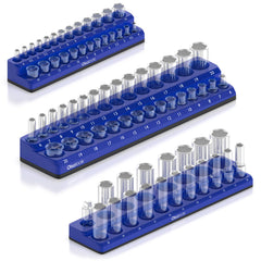 Olsa Tools magnetic socket organizer three-piece set keeps up to 75 sockets tidy.