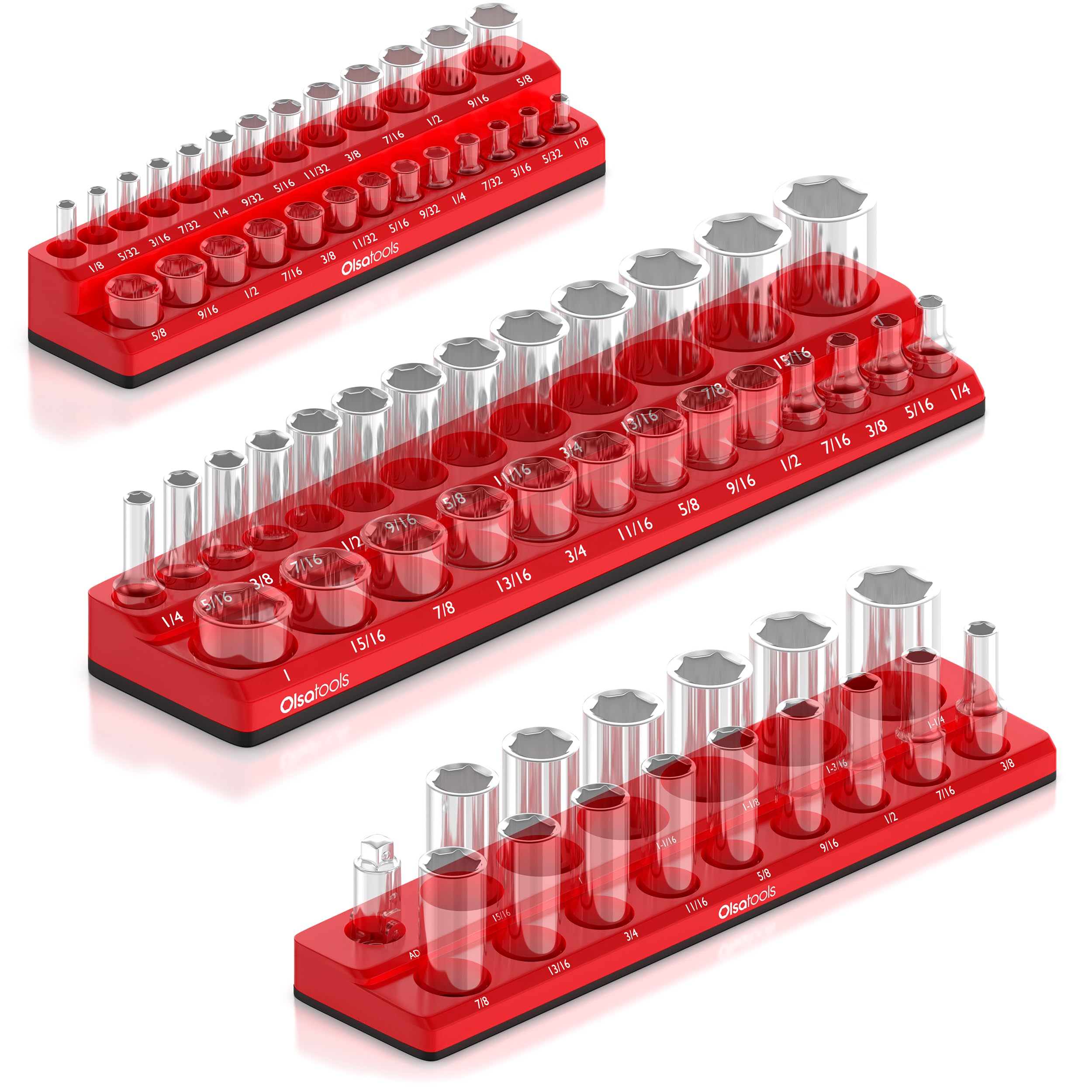 Olsa Tools magnetic socket organizer tray holds up to 68 SAE sockets.