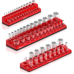 Olsa Tools magnetic socket organizer tray holds up to 68 SAE sockets.