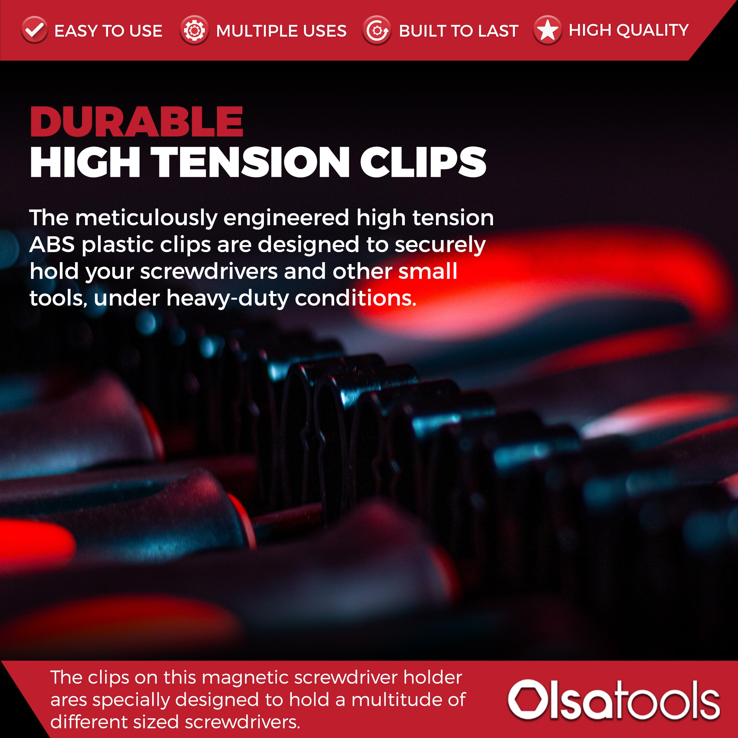 Olsa Tools magnetic tool holder on steel surface offers versatile storage.